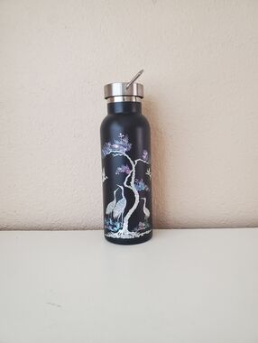mother of pearl Asian Korean crane inlaid black stainless steel thermal bottle